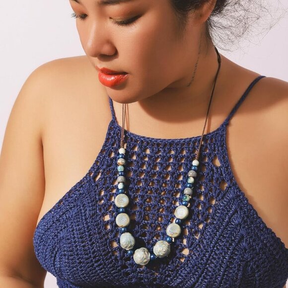 Boho Hippie Round Ceramic Beads Strand Necklace, Vintage Bohemian Summer Beach J - Picture 7 of 7